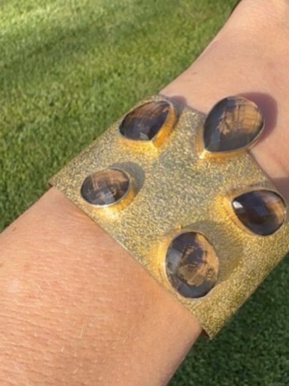 Artisan Handmade Sterling Silver Gold tone Smokey Topaz Gemstone Cuff Bracelet